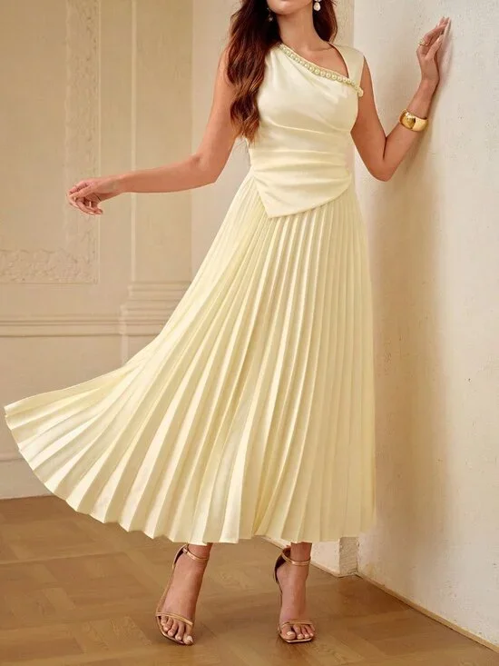 Apricot Elegant Women's Waist Cinching Ruched Pearl Chain Decor Maxi Dress - Picture 4 of 6